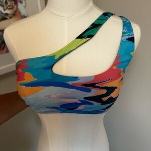 SOLID & STRIPED One-Shoulder Abstract Print Crop Top in Blue, Teal & Orange